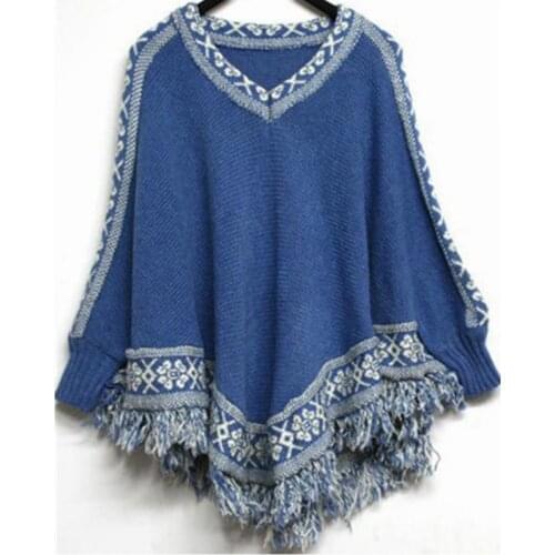 Womens V-neck Knit Tassel Pullover Sweater Cape Shawl Wrap