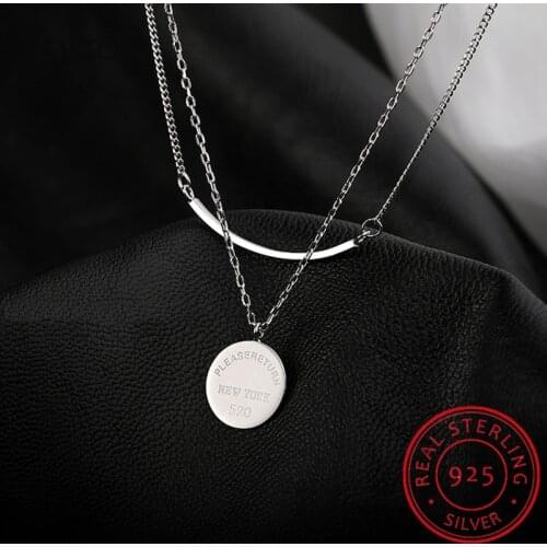 100% 925 Solid Real Sterling Silver Double Layer Round Disc Bent Pipe Short Necklace Gift For Women Girl Teens DA368