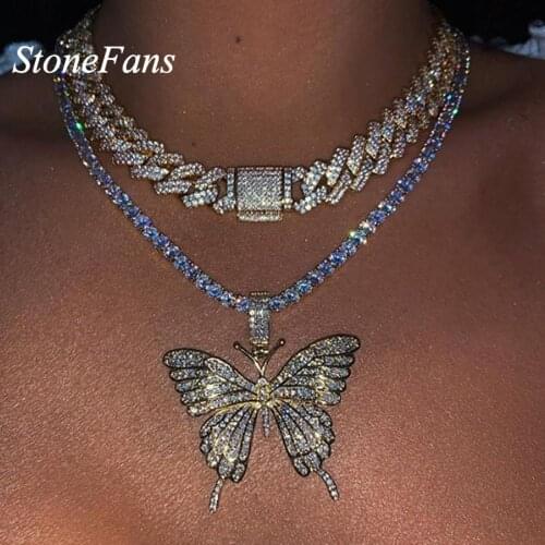 StoneFans Tennis Chain Butterfly Choker Necklace Gold Plated Women Outfit Long Iced Out Butterfly Necklace with Big Pendant Gift