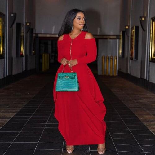 Off The Shoulder Long Sleeve Lantern Dress Women Casual Zipper Front Draped Loose Vestidos Office Lady Floor Length Robe Femme