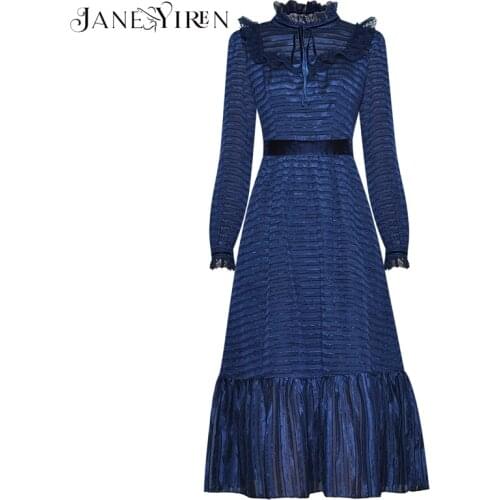 Janeyiren Fashion dress Autumn Womens Dress Stand Collar Long sleeve Ruffles Striped Vintage Elegant Dresses