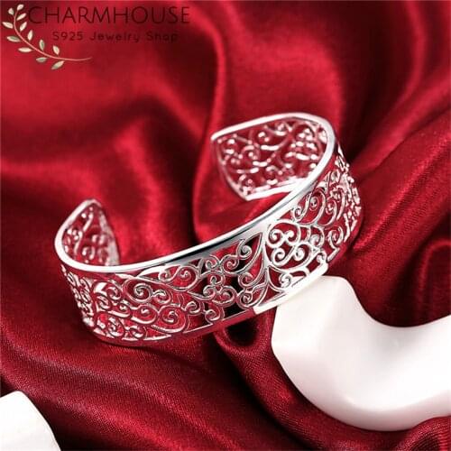 Charmhouse Pure Silver Bangles For Women Vintage Flower Cuff Bangle & Bracelet Wristband Pulseira Femme Wedding Bridal Jewelry