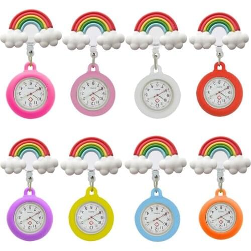 Soft Rainbow Cloud Shape Colourful Retractable Women Lady Nurse Doctor Hospital Clips FOB Pocket Hang Quartz Watches Clock Gifts