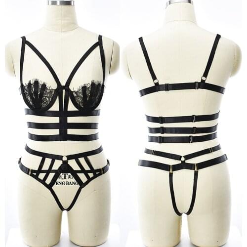Black Lace Sexy Lingerie Body Harness Set Rave Wear Bondage Body Cage Pole Dance Harness Bottom G-string Goth Elastic Bodysuit