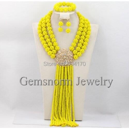 Marvelous Yellow African Beads Jewelry Set Handmade Long Crystal Wedding Jewelry Set New Set Free Shipping GS563