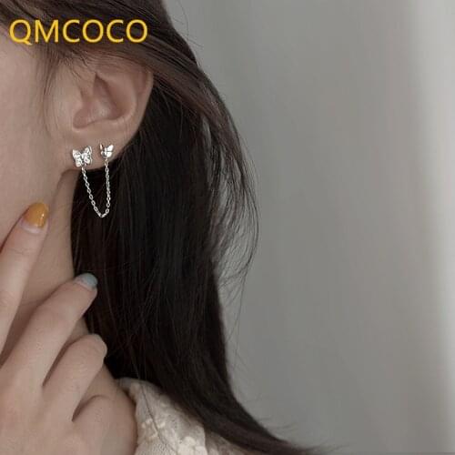 QMCOCO Elegant Butterfly 925 Silver Earrings Simple Classic Temperament Design Double Earhole Earrings Fashion INS Trend Jewelry