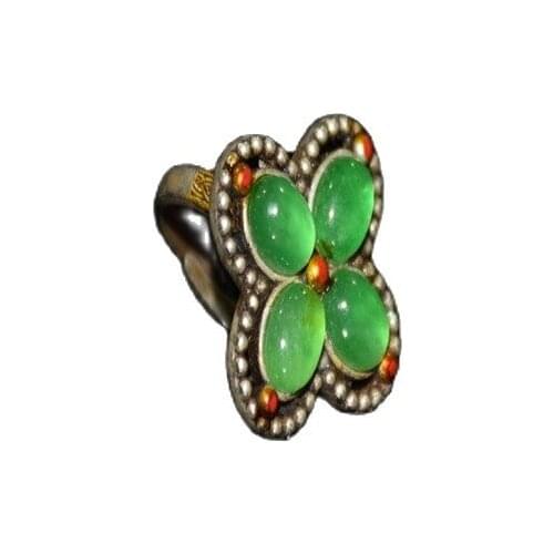 China Old Tibetan Silver Inlaid Emerald Clover Ring Ornament
