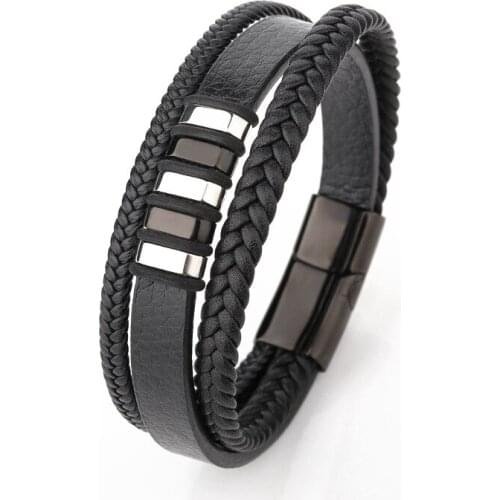 Multilayer hand woven cow leather stainless steel mens bracelet European and American retro jewelry titanium steel bracelet