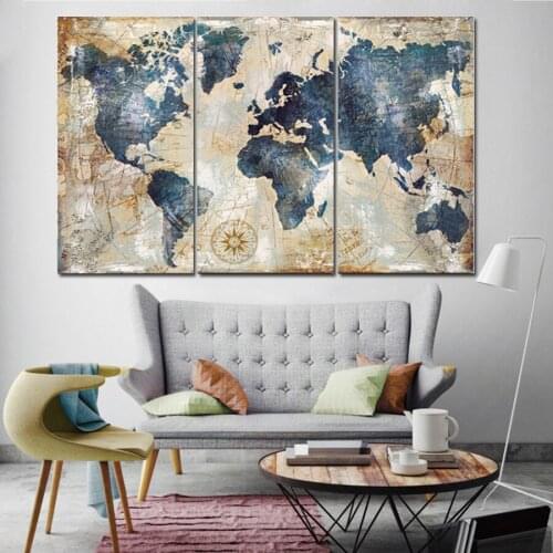 MUTU Art 3Panel Watercolor World Map Modular Painting Posters and Prints on Canvas Cuadros Wall Art Picture For Living Room