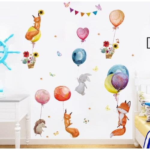 Cartoon Balloon Fox Wall Stickers Animals for Kids Bedroom Decor Room Decoration Kindergarten Decals Removable