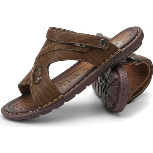 2020 New Summer Beach Men Flip Flops Pu Leather Slippers Male Flats Sandals Outdoor Rubber Thong Beach Shoes Men Leather Brand