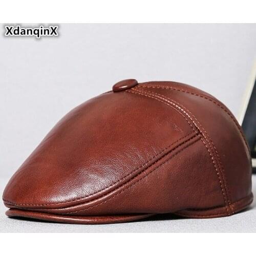XdanqinX Men Hats Genuine Leather Cap Fur Warm Berets Mens Cowhide Leather Hat Winter Earmuffs Caps Middle-aged Dads Beret Hat