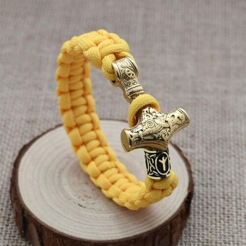 Viking Mens Bracelet Stainless Steel Gold Thors Hammer Yellow Umbrella Cord Braided Bracelet Scandinavian Rune Amulet Jewelry