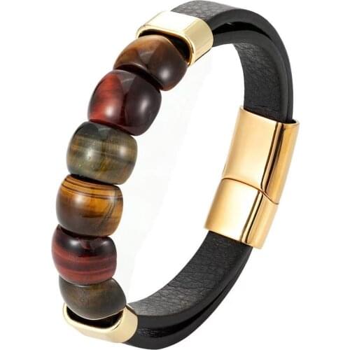 Natural tigers eye ring face type male stainless steel leather cord mens bracelet gift