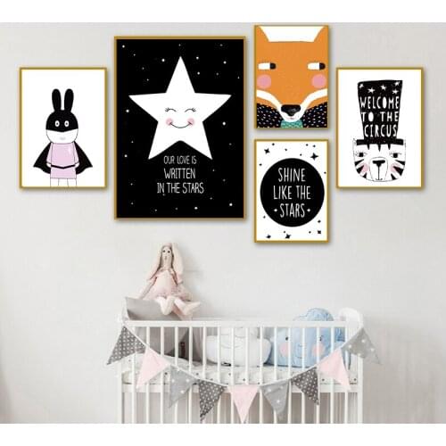 Nursery Star Wall Art Canvas Print Poster Cartoon Fox Animal Bat Man Bunny Painting Nordic Kid Girl Bedroom Decoration Picture