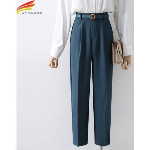 New 2021 Pant Suits For Women High Waist Beige Black Or Blue Ankle-Length Pencil Pants With Belt Office Wear Ladies Trousers