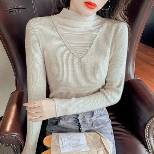 Fall and Winter 2021 new slim-fit mesh sweater stitching inner long-sleeved bottoming shirt womens wool knitted top 16512