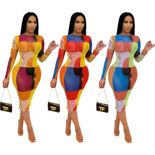 Mesh Print See-Through Club Womens Sexy Slim Long-Sleeved Party Casual Wear 2021 Hot-Selling Medium Dress