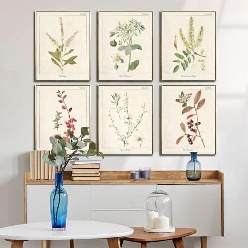 Nordic Vintage Flowers Wall Art Botanical Education Poster Wild Plant Leaves Canvas Painting Picture Prints Home Decoretion