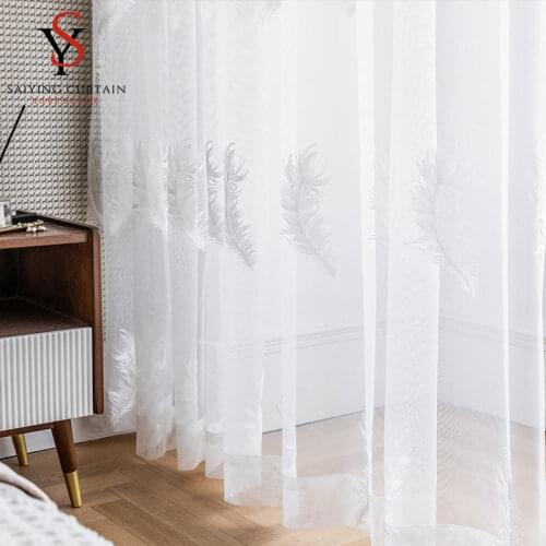 Modern White Feather Embroidered Tulle Curtains For Bedroom Window Treatments 3D Sheer Voile Curtain For Living Room Drapes