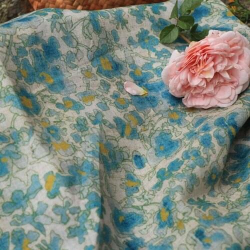 High end pure ramie fabric Green shadow Digital printed fabrics Summer thin robe one-piece dress cothes tissu