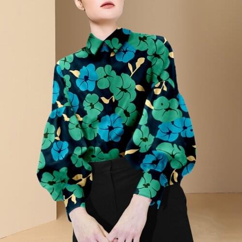 Womens Spring Autumn Runway Fashion Flower Print Plus Size Shirt Female Puff Sleeve High Waist Casual Blouse Tees Tops TB1596