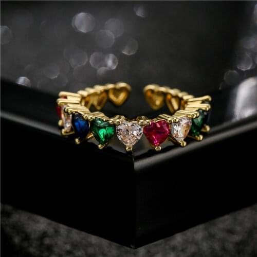 Rainbow Color Crystal CZ Heart Charm Ring Open Design Gold Color Copper Wedding Ring For Women Free Size Wholesale Promise Gift