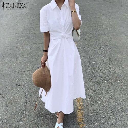 ZANZEA Summer Women Fashionable Long Maxi Dress Elegant Solid Turn Down Collar Robe Casual Short Sleeves Vestidos Oversized