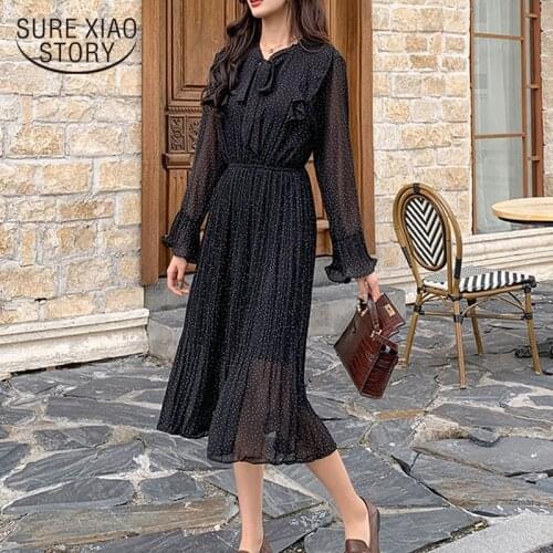 Robe Spring Vintage Midi Chiffon Dress Dot Pleated Elastic High Waist Sweet Bow Flare Sleeves Ruffles Vestidos De Fiesta 8319 50