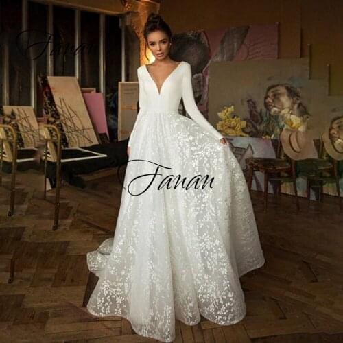 V-Neck Long Sleeve Backless A-Line Wedding Dress Appliques Floor Length Sweep Train Bridal Gown robe de soirée de mariage платье