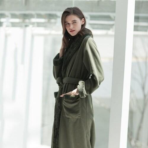 Winter Polar Fleece Composite Couple Nightgown Women Thickened Pajamas Mens Bathrobe Army Green Bathrobe Pajamas