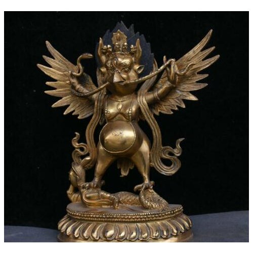 11.6" Tibet Buddhism Copper Gilt Redpoll Winged Garuda Bird Eagle Buddha Statue