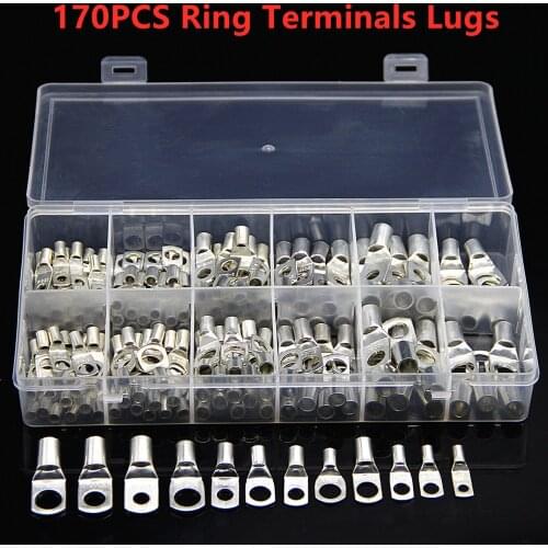 170PCS Copper Cable Lugs Ring Car Battery Terminals Kit SC4-SC25 Tinned Cable Lugs Bare Electrical Cable Wire Connectors