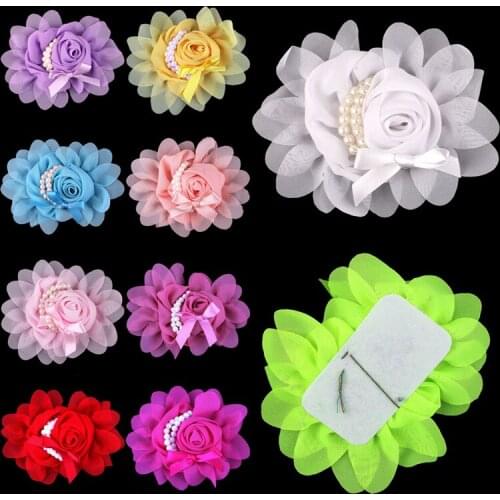 5pcs/lot 14 Colors-HOT SALE Excellent Quality Lovely Chic Soft Fabirc Chiffon Flower With Pearls Artificial Flowers For Wedding