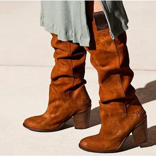 Pleated Fashion Platform Boots Mid-Calf Boots Slip On Solid Hoof High Heels Ladies Casual Warm Shoes For Winter Cowboy Botas