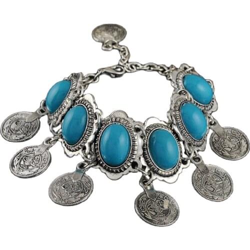 Bohemian Resin Gem Coin Fringe Bracelet Silver Gypsy Boho Coachella Festival Turkish Tribal Ethnic Jewelry