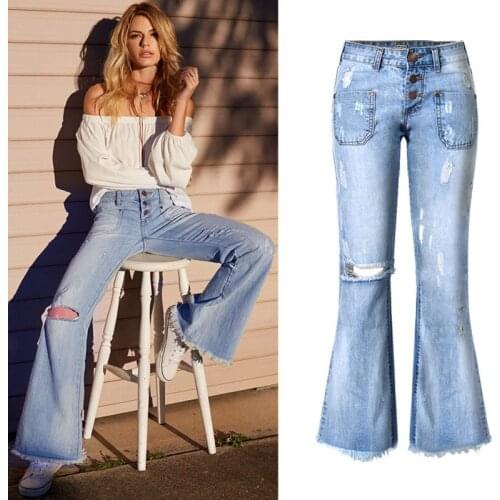 BringBring 2017 Spring Ripped Jeans for Women With Holes 100% Cotton Wide Leg Denim Pants Light Blue Jean Women 1867