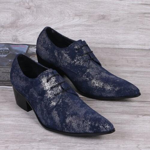 Christia Bella Pointed Toe Sapphire Blue Real Leather Male Heighten Oxfords Shoes British Style Mens Party Dress Brogue Shoes