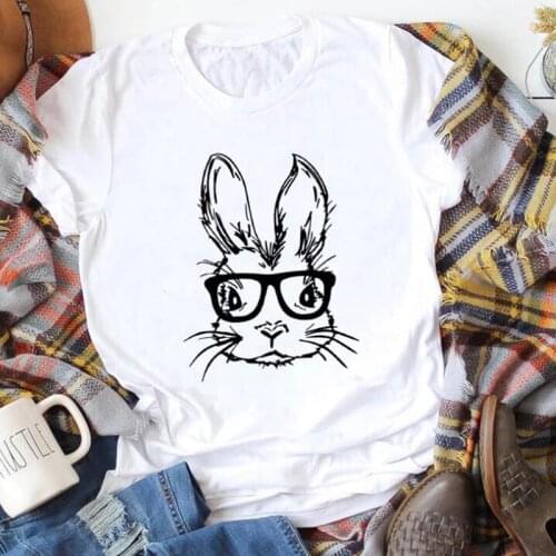 Bunny With Leopard Glasses Colored Print T-shirt Casual Hipster Graphic Rabbit Tee Shirt Top Cute Women Easter Day Gift Tshirt