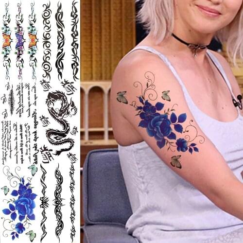 Lace Realistic Rose Temporary Tattoos For Women Men Butterfly Totem Dragon Poem Fake Tattoo Sticker Back Arm Waterproof Tatoos