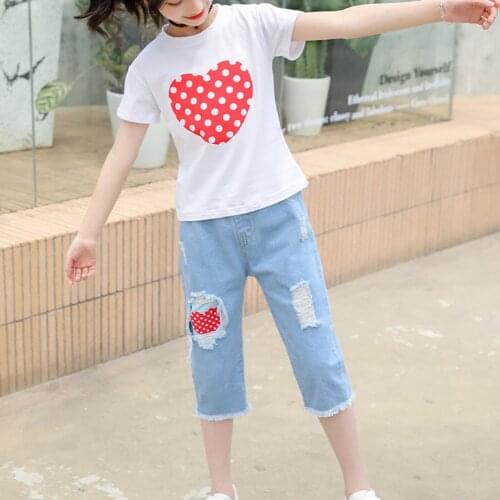Summer Children Girls Clothing Sets Short Sleeves Heart Printed T-shirt And Ripped Jeans Pants 2Pcs Suit Kids Fashion Outfits
