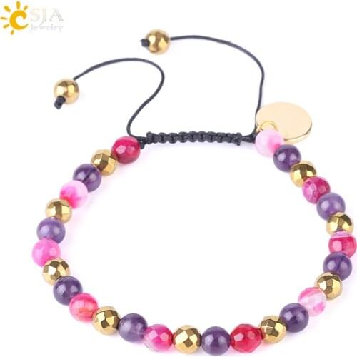 CSJA 2018 New Mixed Purple Crystal Onyx Bracelet Natural Stones Bracelets 6mm Weave Rope Adjustable Gold-color Women Bangle F534