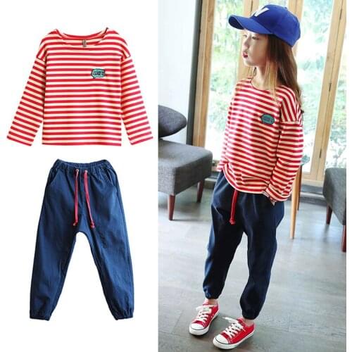 New Arrival Girls Fashion Striped Clothing Set Childrens Long Sleeve T-shirt + Casual Pants 2 Pcs Kids Sportwear Tracksuit B68