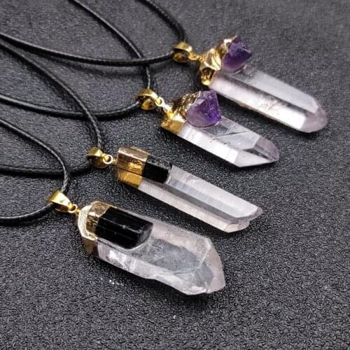 FYSL Silver Plated Irregular Shape Clear Quartz with Amethysts Crystal Pendant Rope Chain Necklace Tourmaline Stone Jewelry