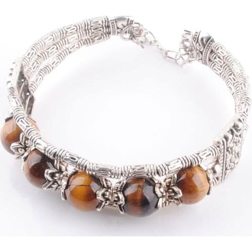 1Pcs Tibetan Silvers Vintage Bracelet Women Cuff Bracelets Tigers Eye gem Stone Round Beads Bangle Jewelry TZ065