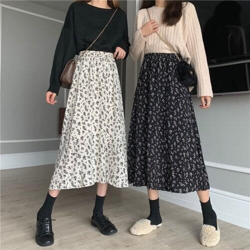 A-Line Skirts Spring And Autumn 2021 New Korean Retro Floral Print All-Match Over Knee High Waist Skirt