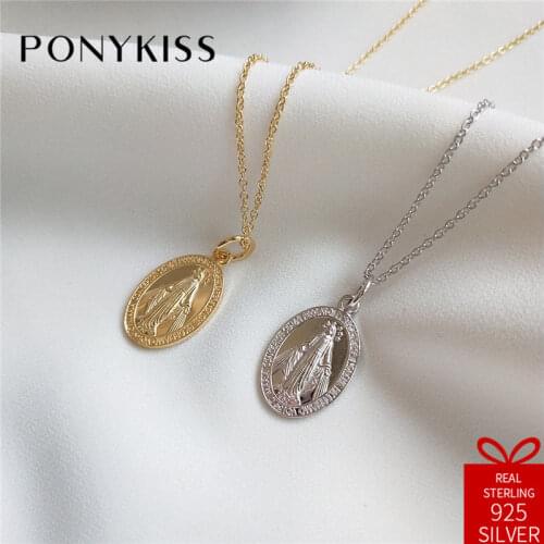 PONYKISS Vintage 100% 925 Sterling Silver Trendy Chic Round Maria New Pendant Necklace Chain Lady Party Fine Jewelry Accessory