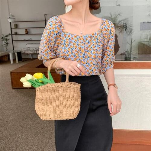 Womens Chiffon Floral Printed Blouse Shirt Summer Square Neck Short Sleeve Vintage Tops Plus Size S-5XL Casual Slim Blusas