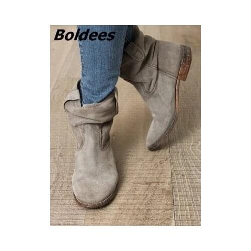 Women Ankle Boots Suede Autumn Shoes Flat Nubuck Leather Retro Distressed Biker Boots Women Motorcycle Boots Shoes Cool Boots