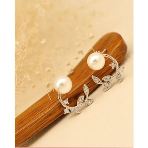 Hot Sale Design 2017 New Fashion Lovely Leaves Pearl Shiny Zircon 925 Sterling Silver Stud Earrings for Women Girl Jewelry Gift